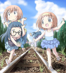  3: 4girls :d asatte_no_houkou dual_persona glasses iokawa_karada kinutani_kanata multiple_girls nogami_shouko open_mouth outdoors railroad_tracks sandals smile sweatdrop time_paradox 