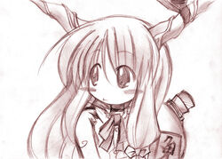  female gourd hair_ribbon horn_ornament horn_ribbon horns ibuki_suika long_hair mogito monochrome ribbon sketch solo touhou 