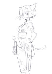  animal_ears bad_link cat_ears cat_tail female greyscale japanese_clothes kimono long_sleeves monochrome original painttool_sai_(medium) shijou_sadafumi short_hair sketch solo tail yukata 