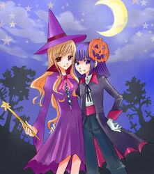  2girls arm_around_waist blonde_hair bow bowtie cape crescent_moon crush_(lolipop) dress halloween hand_on_own_hip hat jack-o&#039;-lantern long_hair long_sleeves looking_at_viewer maria-sama_ga_miteru mask mask_on_head moon multiple_girls neck_ribbon nijou_noriko oerba_yun_fang one-armed_hug pants purple_eyes purple_hair red_eyes ribbon smile toudou_shimako wand witch_hat 