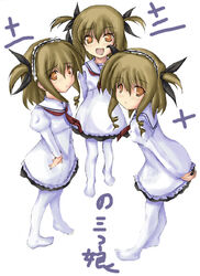  3girls :d artist_request black_ribbon brown_hair coyote_ragtime_show diesse dress full_body hair_ribbon long_sleeves look-alike looking_at_viewer multiple_girls necktie nove_(coyote_ragtime_show) oct open_mouth orange_eyes pantyhose photoshop_(medium) red_necktie ribbon simple_background smile standing two_side_up white_background white_dress white_legwear 