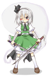  ;&lt; ascot bandages bandaid bandaid_on_face bloomers blush dual_wielding female full_body hitodama holding holding_sword holding_weapon katana kneehighs konpaku_youmu konpaku_youmu_(ghost) legs_apart mogito one_eye_closed ribbon-trimmed_bloomers ribbon_trim serious short_hair socks solo standing sword touhou v-shaped_eyebrows weapon white_bloomers white_socks 