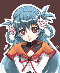  :p blue_hair braid braided_hair_rings breasts capelet china_(yogurting) cleavage cleavage_cutout clothing_cutout female flower hair_flower hair_ornament hair_rings long_hair long_sleeves red_eyes ribbon small_breasts solo tongue tongue_out turtleneck twin_braids yogurting 