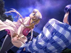  1boy backpack bag bekkankou blonde_hair blue_eyes blush female game_cg long_hair long_sleeves night pantyhose shibugaki_matsuri sky star_(sky) starry_sky tsuki_wa_higashi_ni_hi_wa_nishi_ni twintails 