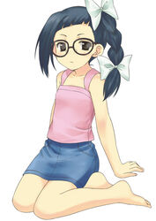  arm_support asatte_no_houkou barefoot braid denim denim_skirt female freckles full_body glasses mizuki_makoto nogami_shouko pencil_skirt photoshop_(medium) simple_background sitting skirt solo yokozuwari 