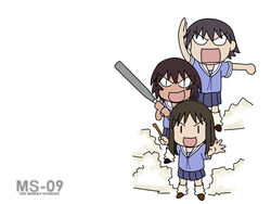  3girls azuma_kiyohiko azumanga_daioh&#039;s_school_uniform azumanga_daiou baseball_bat black_hair black_tri-stars blue_serafuku blue_shirt bonklers chopsticks dom_(mobile_suit) dust dust_cloud full_body gundam jet_stream_attack kagura_(azumanga_daioh) kasuga_ayumu multiple_girls parody school_uniform serafuku shirt skirt summer_uniform takino_tomo white_background |_| 