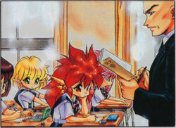  1990s_(style) 1boy 4girls contemporary damaramu_(dragon_half) dragon_girl dragon_half dragon_horns head_rest horns long_sleeves lufa_(dragon_half) mink_(dragon_half) mita_ryuusuke multiple_girls official_art retro_artstyle scan scan_artifacts school_uniform teacher veena_(dragon_half) 