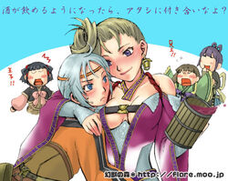  1boy 4girls alcohol black_hair blonde_hair blue_eyes blush breasts brown_hair check_translation circlet cleavage drunk freyjadour_falenas furea_(genjuu_no_mori) gensou_suikoden gensou_suikoden_v large_breasts lowres lymsleia_falenas lyon_(suikoden) miakis_(suikoden) multiple_girls purple_eyes purple_hair sialeeds_falenas translation_request white_hair wine 