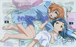  2girls aged_down aged_up asatte_no_houkou barefoot bed blue_eyes blue_hair feet freckles highres iokawa_karada itou_ikuko lying magazine_scan multiple_girls nogami_shouko official_art orange_hair pajamas pillow scan yellow_eyes 