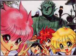  1990s_(style) 3boys 4girls :o \o/ ^_^ arms_up black_hair blonde_hair blue_hair blush bow bowtie brown_hair buttons character_request chibi closed_eyes constricted_pupils dragon_half elf friends gakuran green_eyes hair_between_eyes leaf long_hair long_pointy_ears looking_at_viewer lufa_(dragon_half) lying mappy_(dragon_half) mink_(dragon_half) mita_ryuusuke mouse_(animal) multiple_boys multiple_girls no_nose official_art on_side outstretched_arms pia_(dragon_half) pink_eyes pink_hair pointy_ears red_eyes red_hair retro_artstyle scan school_uniform short_hair smile spiked_hair spread_arms statue traditional_media v veena_(dragon_half) 