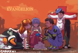  2boys 2girls angel_(evangelion) anno_hideaki_(person) artist_name ayanami_rei camcorder camera company_name copyright_name copyright_notice cosplay creator_and_creation cross dated eva_01 glasses holding holding_camera ikari_shinji lilith_(evangelion) multiple_boys multiple_girls neon_genesis_evangelion open_mouth orange_sky ramiel_(evangelion) shamshel_(evangelion) sky souryuu_asuka_langley squatting video_camera yoshizaki_mine zeruel_(evangelion) 