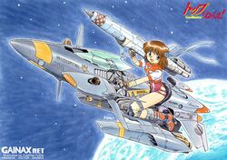  1980s_(style) 2003 aircraft artist_name cannon company_name copyright_name earth_(planet) english_text female fingerless_gloves fujita_yukihisa gloves gunbuster hover_bike in_orbit leotard planet purple_leotard retro_artstyle riding rocket_launcher science_fiction signature solo space spacecraft star_(sky) takaya_noriko top_wo_nerae! traditional_media weapon 