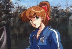  1980s_(style) anime_screenshot blue_eyes blue_jacket blue_sky breasts brown_hair collared_jacket cream_lemon day emblem female from_side furrowed_brow hair_ribbon jacket jpeg_artifacts long_sleeves looking_at_viewer mami_(cream_lemon) medium_breasts medium_hair outdoors parted_lips red_ribbon retro_artstyle ribbon sidelocks single_vertical_stripe sky smile solo track_jacket tree upper_body white_shadow wing_collar zipper zipper_pull_tab 