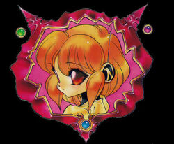  1990s_(style) dragon_half female looking_back lufa_(dragon_half) mita_ryuusuke official_art orange_hair red_eyes retro_artstyle short_hair smile solo 