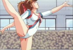  1980s_(style) anime_screenshot athletic_leotard breasts brown_hair closed_eyes covered_navel cream_lemon female flexible groin_tendon gymnastics hair_ribbon high_ponytail highleg highleg_leotard kneepits leotard mami_(cream_lemon) medium_breasts medium_hair open_mouth outstretched_arms ponytail railing red_ribbon retro_artstyle ribbon sidelocks solo split spread_arms spread_legs standing standing_on_one_leg standing_split thighs white_leotard white_shadow window 