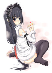  black_eyes black_hair black_thighhighs bonnet cake date_(senpen) detached_sleeves eating feet female food food_on_face fruit kou_(wagaya) long_hair long_sleeves looking_back no_shoes pastry sitting solo sponge_cake strawberry strawberry_shortcake thighhighs very_long_hair wagaya_no_oinari-sama wariza 