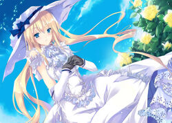  :o black_gloves blonde_hair blue_eyes blush cloud day dress dutch_angle elbow_gloves female floating_hair flower frilled_dress frills gloves hat hat_ribbon hinoto interlocked_fingers long_hair looking_at_viewer original outdoors own_hands_clasped own_hands_together ribbon rose sidelocks sky solo very_long_hair white_dress white_hat yellow_flower yellow_rose 