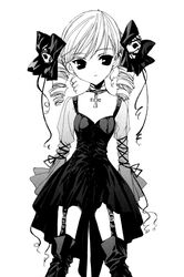  boots bow cross cross_patty dress drill_hair female flat_chest garter_belt gothic_lolita greyscale hairbow jewelry latin_cross lolita_fashion long_sleeves maris_mischa monochrome nanase_aoi necklace petit_monster skull solo thighhighs twin_drills twintails zettai_ryouiki 