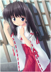  black_hair copyright_request female hakama hakama_skirt japanese_clothes long_sleeves miko photoshop_(medium) rain red_hakama skirt solo wet yamabuki_zarame 