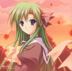  bow brown_ribbon female green_hair hair_ribbon juliet_sleeves leaf long_hair long_sleeves looking_at_viewer maple_leaf national_verbena_academy_school_uniform official_art puffy_sleeves really?_really! ribbon school_uniform shigure_asa shuffle! solo sunset suzuhira_hiro upper_body yellow_bow 