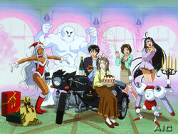  1990s_(style) 1boy 4girls ^_^ alcohol artist_request belldandy black_hair blue_eyes brown_hair cake candle champagne christmas closed_eyes earrings facial_mark food forehead_mark gift happy hat jewelry jumping long_hair long_sleeves morisato_keiichi morisato_megumi motor_vehicle motorcycle multiple_girls oh_my_goddess! pantyhose party_popper pastry retro_artstyle santa_hat sidecar skuld_(aa_megami-sama) smile strawberry_shortcake urd_(aa_megami-sama) very_long_hair watermark white_hair 