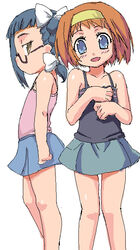  2girls arms_at_sides asatte_no_houkou bare_shoulders black_hair blue_skirt blunt_bangs blush bow braid brown_hair camisole collarbone glasses green_skirt hair_ribbon hairband hairbow hands_on_own_chest head_tilt iokawa_karada jitome looking_at_another looking_at_viewer looking_to_the_side multiple_girls nogami_shouko profile ribbon semi-rimless_eyewear short_hair side_braid simple_background skirt sleeveless standing tank_top under-rim_eyewear white_background white_ribbon yellow_eyes zanzi 