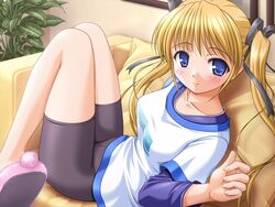  bekkankou bike_shorts blonde_hair blue_eyes blush chair female game_cg hair_ribbon long_hair long_sleeves reclining ribbon shibugaki_matsuri slippers smile solo tsuki_wa_higashi_ni_hi_wa_nishi_ni 