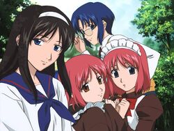  4girls :o adjusting_eyewear blue_hair blush bow bowtie brown_dress brown_hair ciel_(tsukihime) day dress glasses hisui_(tsukihime) kohaku_(tsukihime) long_sleeves multiple_girls neckerchief outdoors ozawa_iku parted_lips red_bow red_bowtie rimless_eyewear sailor_collar school_uniform serafuku shirt siblings sidelocks tohno_akiha tsukihime twins upper_body white_shirt 