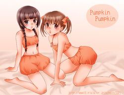  2girls all_fours bare_legs barefoot bed_sheet black_eyes black_hair bloomers bow bra braid brown_eyes brown_hair fukuzawa_yumi hairbow long_hair looking_at_viewer lowres maria-sama_ga_miteru midriff multiple_girls navel orange_bloomers orange_bra puckered_lips shimazu_yoshino short_hair sinko sitting twin_braids twintails underwear underwear_only watermark web_address 