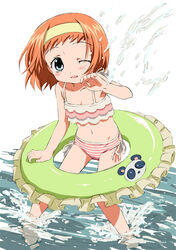  asatte_no_houkou bikini blue_eyes blush collarbone female flat_chest green_innertube hairband innertube iokawa_karada leaning_forward makinon_tm midriff navel one_eye_closed open_mouth orange_hair photoshop_(medium) pink_bikini short_hair side-tie_bikini_bottom solo splashing standing striped_bikini striped_clothes swim_ring swimsuit tankini wading water 