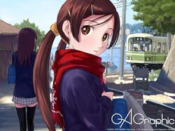  2girls bag brown_eyes brown_hair enoshima enoshima_electric_railway from_side gagraphic hair_ornament hairclip kamakura_(city) long_hair long_sleeves multiple_girls naruko_hanaharu outdoors plaid plaid_skirt real_world_location red_scarf scarf school_uniform skirt thighhighs train twintails zettai_ryouiki 