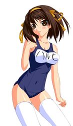  breasts brown_hair female kuon_(break_through) medium_hair name_tag one-piece_swimsuit school_swimsuit solo suzumiya_haruhi suzumiya_haruhi_no_yuuutsu swimsuit thighhighs 