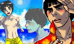  2boys :d alternate_costume areolae beach black_eyes black_hair blue_sky blunt_bangs blush bowl_cut clenched_hands cloud cloudy_sky collarbone contemporary d: day eyelashes hand_up lowres male_focus male_swimwear might_guy multiple_boys naruto naruto_(series) nipples ocean oekaki open_mouth outdoors popped_collar profile projected_inset red_shirt rock_lee running shading_eyes shirt sky smile sweat swim_trunks thick_eyebrows toned toned_male topless_male usagida v-shaped_eyebrows 