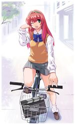  absurdres bicycle female green_(game) green_eyes highres long_sleeves mizuno_makoto_(green) one_eye_closed pink_hair ryoji_(nomura_ryouji) school_uniform solo sweater sweater_vest vest 