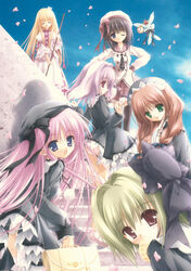  6+girls animal_ears aria_(magical_tale) bag beret black_hair blonde_hair broom brown_hair clock closed_eyes crown dress farfa green_eyes green_hair hairband hat highres long_hair long_sleeves magical_tale multiple_girls one_eye_closed panties petals pink_panties plaid plaid_skirt pointy_ears purple_eyes purple_hair rabbit rabbit_ears ren_(magical_tale) sasha_(magical_tale) school_bag school_uniform shuna_(magical_tale) skirt stairs teana thighhighs tinker_bell_(pixiv_10956015) underwear white_panties 