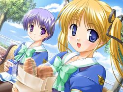  2girls bag bekkankou bench blonde_hair blue_eyes blush bow breasts day food game_cg hair_ribbon juice_box long_hair medium_breasts multiple_girls outdoors pantyhose purple_eyes purple_hair ribbon school_uniform shibugaki_matsuri short_hair sitting smile tachibana_chihiro tsuki_wa_higashi_ni_hi_wa_nishi_ni twintails 