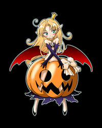  black_background blonde_hair blush crown demon_girl female green_eyes jack-o&#039;-lantern long_hair melissa_seraphy mini_crown naked_pumpkin pointy_ears senju_rion solo waga_mama_capriccio 