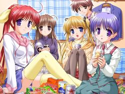  4girls ahoge amagasaki_mikoto bedroom bekkankou blonde_hair blue_eyes blush brown_hair can drink_can everyone food fujieda_honami game_cg hair_ribbon hirose_kouji jewelry long_hair long_sleeves multiple_girls necklace panties pantyhose pink_eyes ponytail purple_eyes purple_hair red_hair ribbon shibugaki_matsuri short_hair sitting skirt smile soda_can tachibana_chihiro thighhighs tsuki_wa_higashi_ni_hi_wa_nishi_ni twintails underwear white_panties yellow_thighhighs zettai_ryouiki 