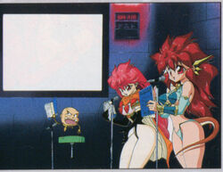  1990s_(style) 2girls alternate_hair_color artist_request big_hair bikini book damaramu_(dragon_half) dragon_girl dragon_half dragon_horns dragon_tail elbow_gloves gloves horns long_hair microphone mink_(dragon_half) multiple_girls official_art pink_hair red_hair retro_artstyle scan scan_artifacts swimsuit tail veena_(dragon_half) voice_actor 