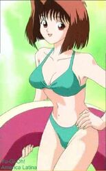  artist_request bikini breasts brown_eyes brown_hair cleavage female green_bikini innertube jpeg_artifacts large_breasts mazaki_anzu smile solo swim_ring swimsuit yu-gi-oh! yu-gi-oh!_(toei) 