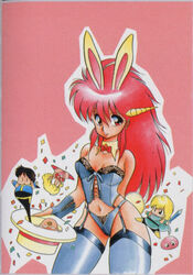  1990s_(style) animal_ears arm_behind_back bare_shoulders bow bowtie bra chibi confetti contrapposto corset detached_collar dick_saucer dragon_half female fingerless_gloves garter_straps gloves hat horns king_siva lace lace-trimmed_bra lace_trim legs_apart lingerie lufa_(dragon_half) magician mink_(dragon_half) mita_ryuusuke navel peeking_out pia_(dragon_half) pink_background rabbit_ears rabbit_tail retro_artstyle solo standing strapless strapless_bra tail thighhighs top_hat underwear veena_(dragon_half) 