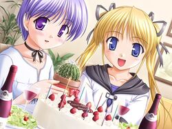  2girls alcohol bekkankou birthday blonde_hair blue_eyes blush bottle cactus cake candle choker food fruit game_cg hair_ribbon long_hair multiple_girls pastry purple_eyes purple_hair ribbon shibugaki_matsuri short_hair smile strawberry tachibana_chihiro tsuki_wa_higashi_ni_hi_wa_nishi_ni twintails wine 