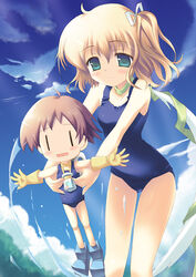  2girls aqua_eyes belle_(katahane) blonde_hair blush brown_hair cloud coco_(katahane) day doll_joints flat_chest gloves holding joints katahane kouzuki_hajime leaning_forward multiple_girls one-piece_swimsuit one_side_up open_mouth outdoors outstretched_arms photoshop_(medium) scarf school_swimsuit short_hair sky smile splashing spread_arms swimsuit water |_| 