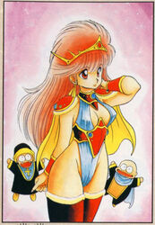  1990s_(style) adjusting_hair alternate_hair_color armor big_hair blue_leotard breasts cape chibi chibi_inset cleavage deformed dragon_half earrings female jewelry king_siva leotard light_smile long_hair medium_breasts mita_ryuusuke official_art red_eyes red_hair retro_artstyle rosario_(dragon_half) scan scan_artifacts thighhighs tiara veena_(dragon_half) 