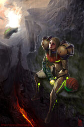  arm_cannon armor artist_name assault_visor blonde_hair blue_eyes cliff dated female grass green_visor gun helmet highres ivan_flores lava long_hair metroid neon_trim photoshop_(medium) power_armor rain ravine realistic samus&#039;s_gunship samus_aran science_fiction solo spacecraft super_metroid unworn_headwear unworn_helmet varia_suit weapon web_address 