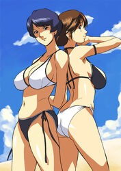  2girls arms_behind_back ass back-to-back beach bikini blue_eyes blue_hair breasts brown_eyes brown_hair cirima cleavage cloud contrast curvy day hikaru_no_go huge_breasts looking_back mature_female multiple_girls navel outdoors shindou_mitsuko short_hair side-tie_bikini_bottom sideboob sky smile standing swimsuit take_your_pick touya_akiko 