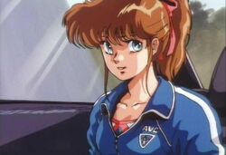  1980s_(style) :d anime_screenshot athletic_leotard blue_eyes blue_jacket car_interior collarbone collared_jacket cream_lemon day emblem female from_side hair_ribbon high_ponytail jacket leotard leotard_under_clothes looking_at_viewer mami_(cream_lemon) medium_hair open_mouth ponytail red_ribbon retro_artstyle ribbon sidelocks single_vertical_stripe sitting smile solo track_jacket upper_body white_shadow window wing_collar zipper zipper_pull_tab 