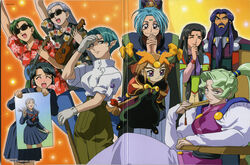  1990s_(style) 3boys 6+girls :d ^_^ absurdres age_difference aqua_hair arm_up bad_id beard black_hair blue_eyes blue_hair blunt_bangs blush bow braid breasts bridal_gauntlets brown_hair closed_eyes crease curtsey dress earrings facial_hair facial_mark floral_print folding_fan forehead_mark gloves green_hair grey_hair hair_ornament hairbow hand_fan hand_to_own_mouth hawaiian_shirt highres instrument jewelry kamiki_noike_jurai kamiki_seto_jurai kouno_yoshitaka light_particles lipstick lolicon long_hair long_sleeves looking_at_another looking_at_viewer low-tied_long_hair makeup masaki_airi masaki_azusa_jurai masaki_funaho_jurai masaki_kiyone masaki_misaki_jurai masaki_reia masaki_tennyo medium_breasts multiple_boys multiple_girls necktie obi official_art open_mouth outline own_hands_clasped own_hands_together pants photo_(object) pleated_skirt pointy_ears ponytail red_eyes retro_artstyle sash scan school_uniform scrunchie serafuku shading_eyes shirt short_sleeves sidelocks sitting skirt smile standing sunglasses table tenchi_muyou! tenchi_muyou!_ryou-ouki tokimi twin_braids ukulele v very_long_hair wavy_hair 