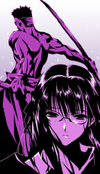  1boy black_lagoon female glasses matsuzaki_ginji mole mole_under_mouth monochrome muscular purple_theme sakura_nitouhei shirasaya sword topless_male washimine_yukio weapon 