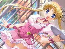  bekkankou blonde_hair blue_eyes blush choker dutch_angle female game_cg hair_ribbon hairband long_hair open_mouth panties pantyshot pink_thighhighs print_thighhighs ribbon shibugaki_matsuri skirt solo thigh_gap thighhighs tray tsuki_wa_higashi_ni_hi_wa_nishi_ni twintails underwear waitress white_panties window 